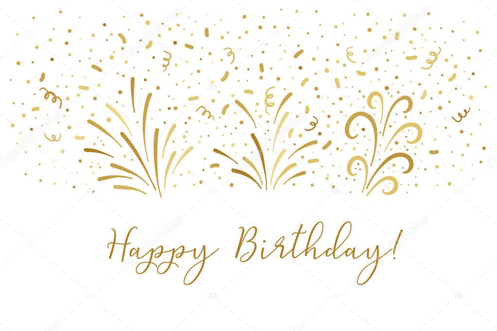 Vector golden Happy birthday text party background. Party confetti doodle graphic
