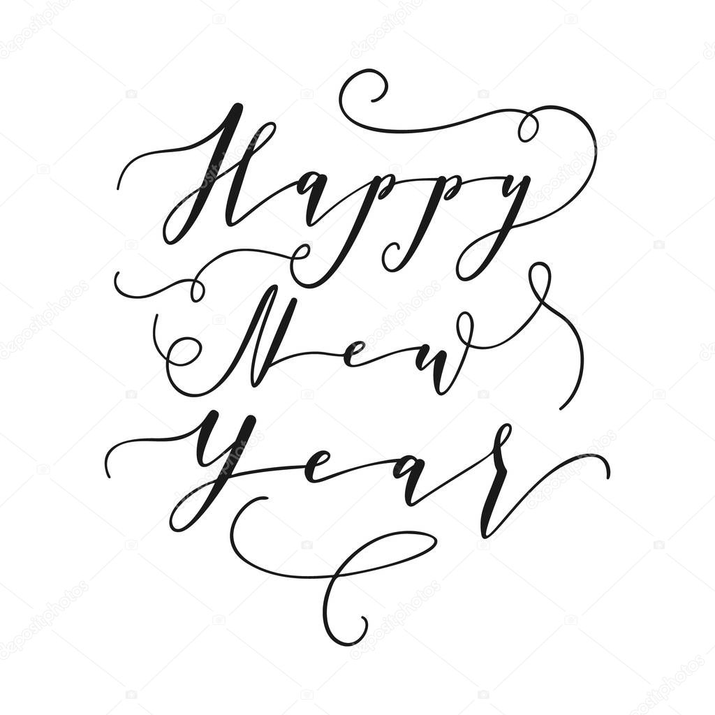Happe New Year hand lettering calligraphy isolated on white background. Vector holiday illustration element. Black eve inscription text