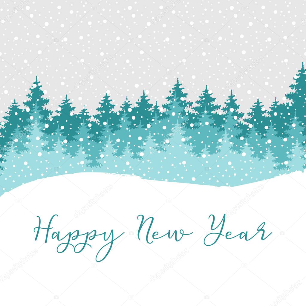 Happy New Year greeting card for New Year 2018. Vector winter holiday background with hand lettering calligraphy, falling snow, Christmas trees.