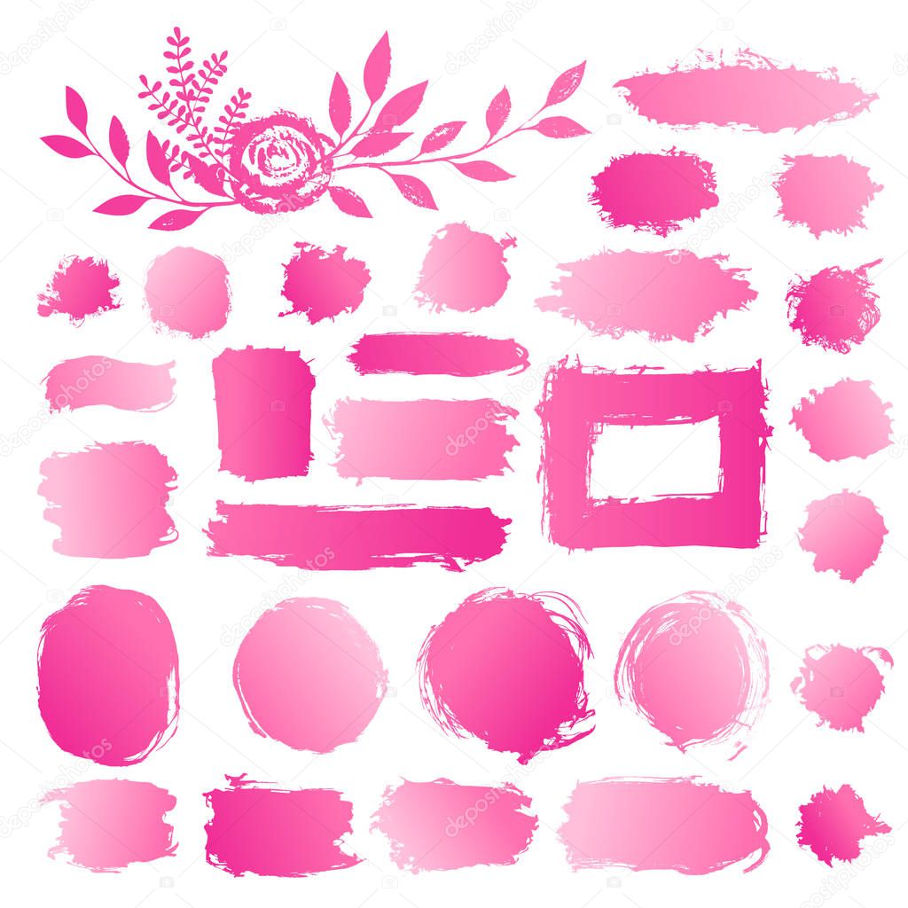 Hand drawn abstract make up, cosmetic stains, paint brush strokes. Vector set collection of pink gradient acrylic smears paint isolated on white background.