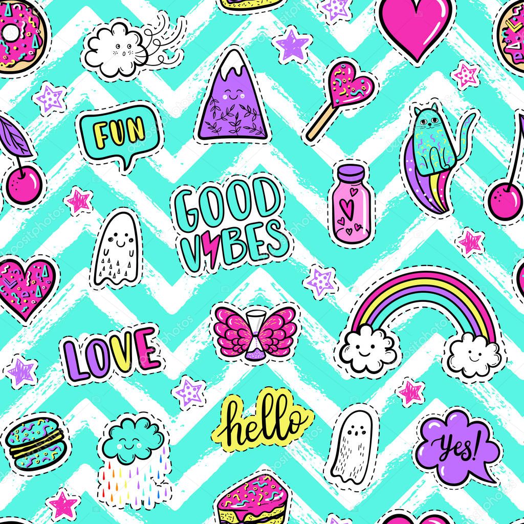 Vector hand drawn fashion pink color patches: rainbow, doughnut, mountain, cat, ghost, cloud, macaron, cake, lollipop, heart seamless pattern. Modern pop art sticker, patches pin, badge 80s-90s style