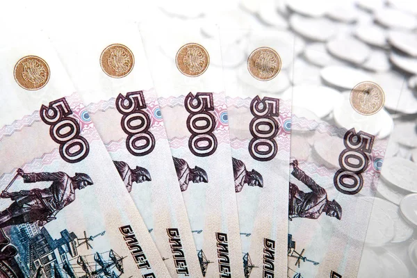 Geld Russische Rubel Scheine Und Rubel Münzen Aus Nächster Nähe — Stockfoto