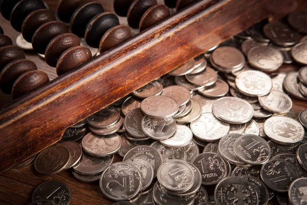 Viejo Ábaco Con Monedas Rublo Ruso Cerca — Foto de Stock