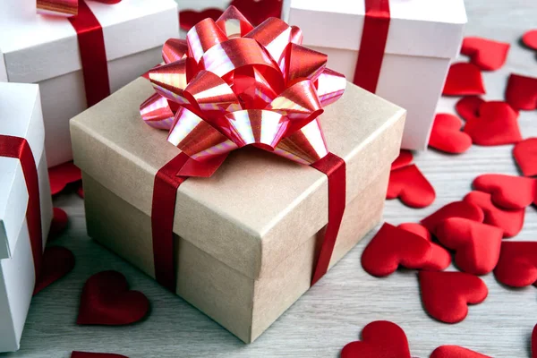 Caja Regalo Sobre Fondo Gris Formas Corazón Textil Cerca — Foto de Stock