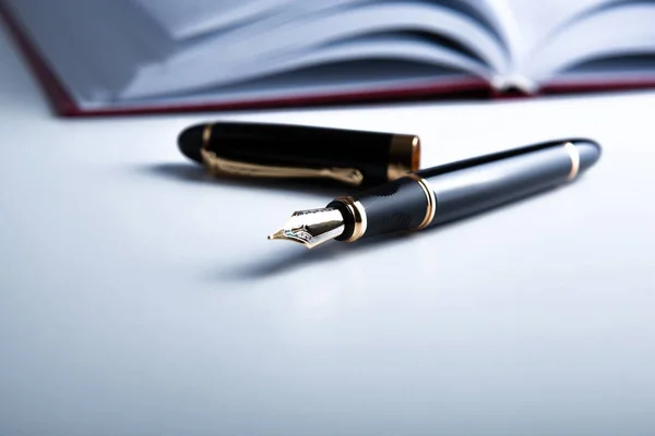 Caneta Tinteiro Com Diário Área Trabalho Fechar — Fotografia de Stock