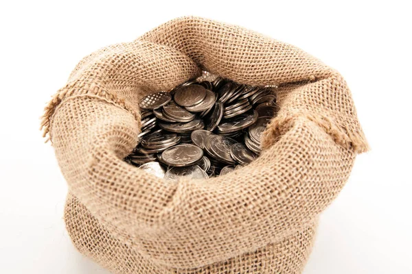 Russian ruble coins in a bag on a white background isolated — Stock Photo, Image