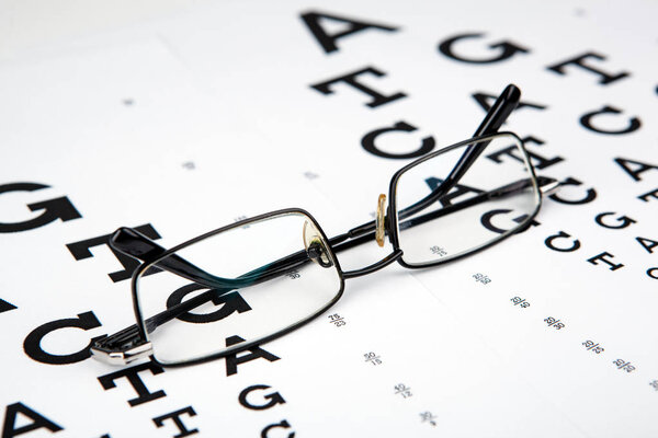 eyeglasses on the table with a font to determine of eyesight Eng