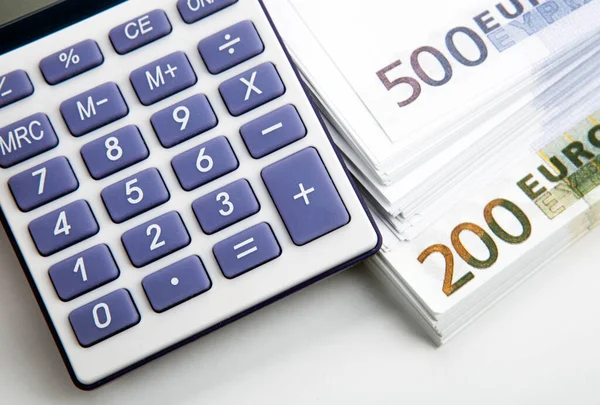 Calculator Bundle Banknotes 500 200 Euros Top View — Stock Photo, Image