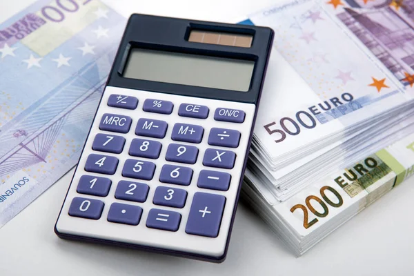 Business Still Life Calculator Bundle Banknotes 500 200 Euros Close — Stock Photo, Image