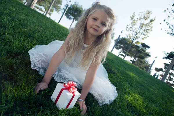 Маленькая Девочка Платье Подарочной Коробкой Зеленой Лужайке — стоковое фото
