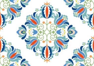 Halk deseni çiçekli. Sorunsuz çiçek desenli parlak renkli çiçek ve tropik yapraklar üzerinde beyaz bir arka plan ile. Şık moda için şablon yazdırır. Modern çiçek arka plan. Trendy halk tarzı