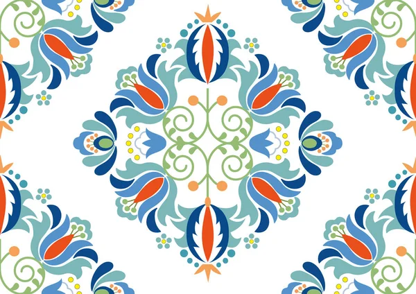 Halk deseni çiçekli. Sorunsuz çiçek desenli parlak renkli çiçek ve tropik yapraklar üzerinde beyaz bir arka plan ile. Şık moda için şablon yazdırır. Modern çiçek arka plan. Trendy halk tarzı