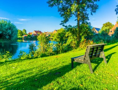 küçük ahşap park bankında, park su birikintisi güzel manzara fotoğraf