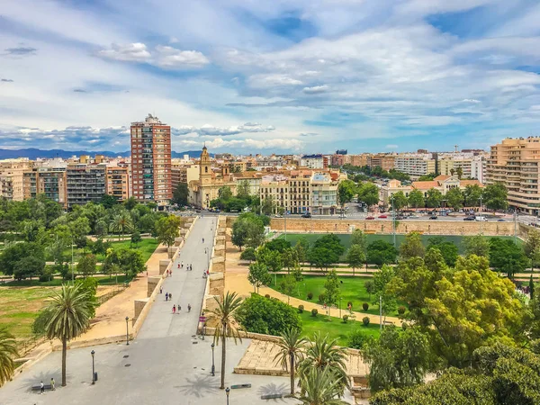 スペイン バレンシアの公園や市街のスカイラインの眺めと美しい橋 — ストック写真