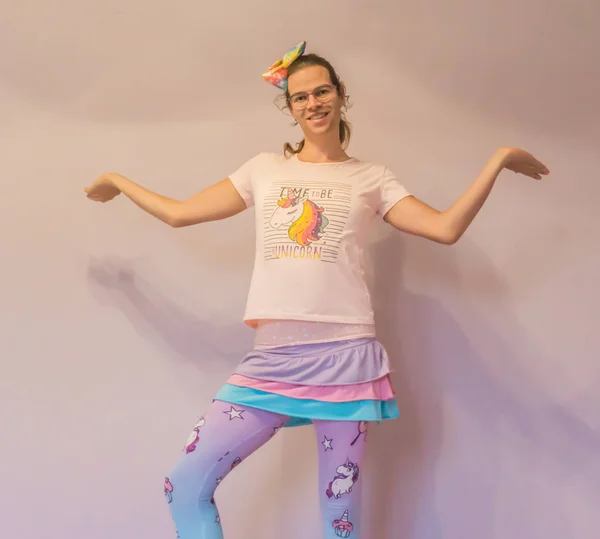 LGBT funny transgender girl in unicorn kawaii outfit making here i am pose