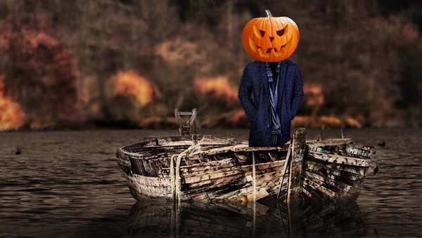 Halloween Assustador Abóbora Cabeça Fantasma Pessoa Barco Flutuando — Fotografia de Stock