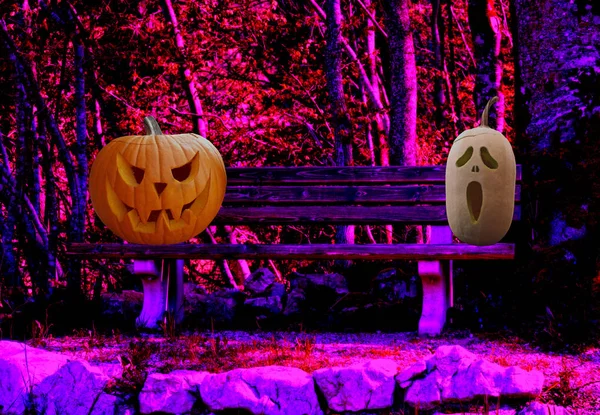 万圣节两个可怕的雕刻南瓜在公园长椅上的幽灵森林景观 — 图库照片