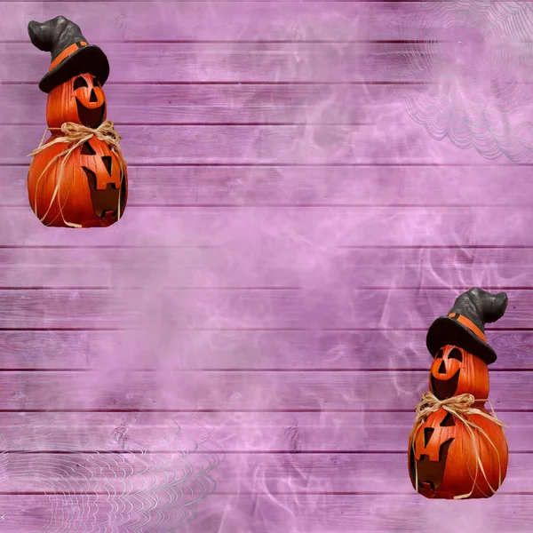 Hintergrund Des Halloween Festes Mit Lila Holzplanken Spinnennetzen Und Geschnitzten — Stockfoto