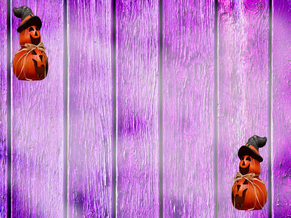 Хэллоуин фиолетовые деревянные доски текстура фона с дымом и тыквы носить колпак ведьмы
