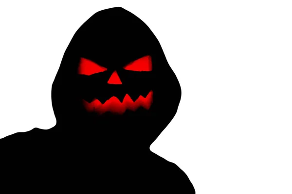 Halloween Schwarze Kapuzensilhouette Mit Einem Bösen Gruseligen Kürbisgesicht Isoliert Auf — Stockfoto