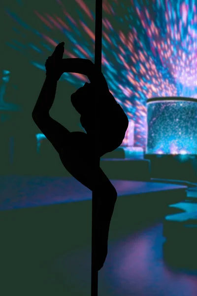 Silhouette Une Jeune Fille Sexy Flexible Suspendue Dans Poteau Dansant — Photo