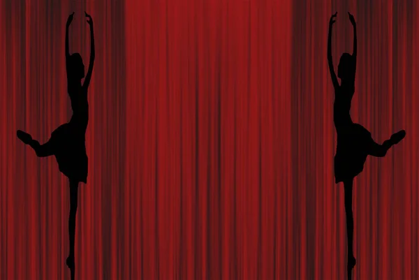 two ballerina silhouettes of young ballet lady\'s dancing on pointe in attitude derriere on a red curtain background