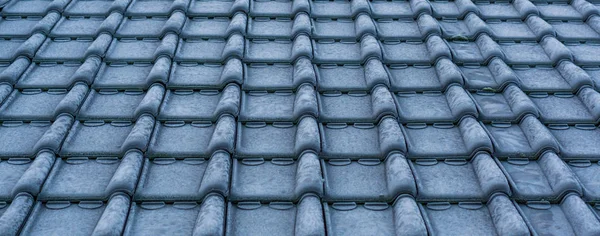 Muster Gefrorener Dachziegel Makro Nahaufnahme Kalte Wintersaison Architektonischer Hintergrund — Stockfoto