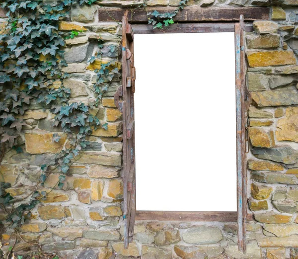 Старий Середньовічний Вигляд Дерев Яної Рамки Вікна Цегляній Стіні Плющем — стокове фото