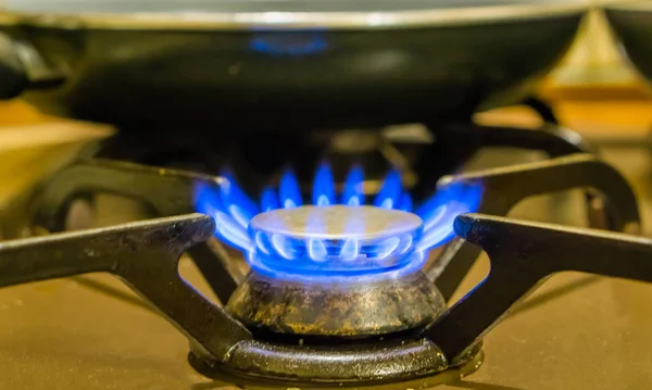 Closeup Lighted Gas Cooker Burning Blue Flames Vintage Kitchen Equipment — Stock Photo, Image