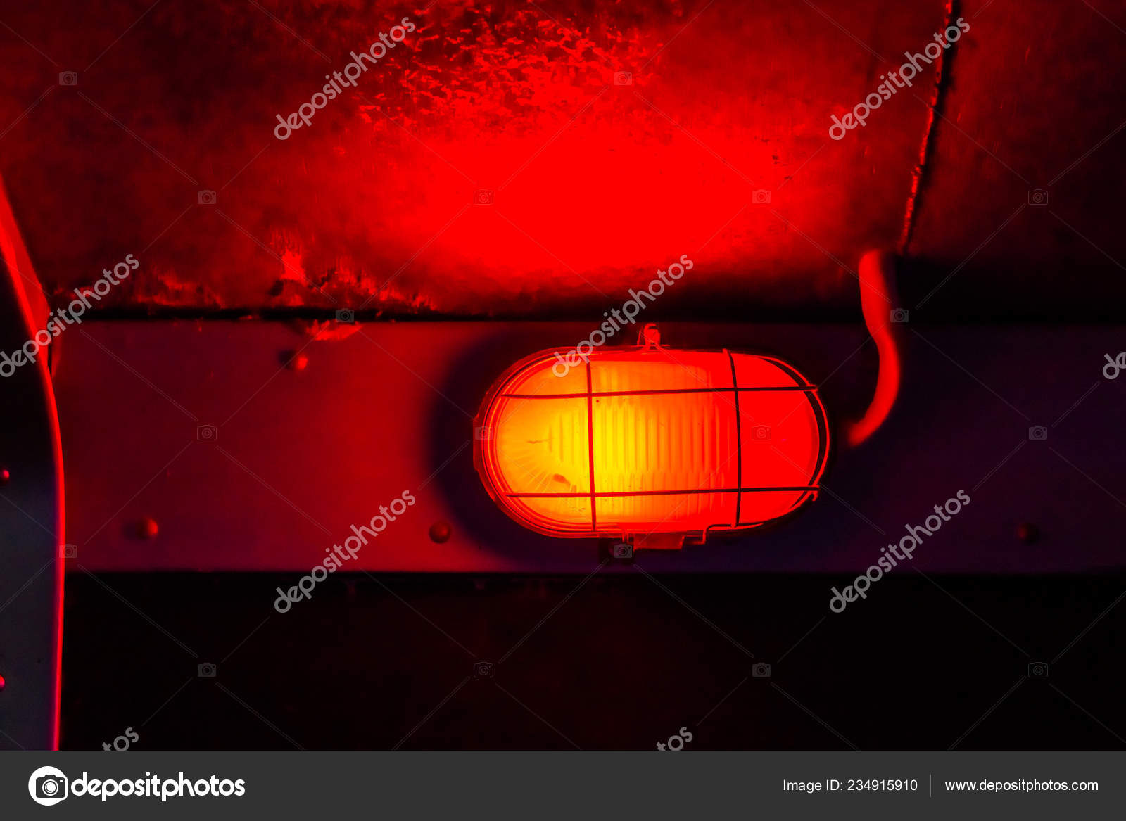 Red Light Shining Submarine Interior Underwater Boat Stock