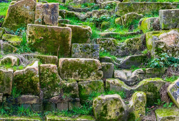 Staré Historické Kameny Pokryté Mechem Trávou Zahrada Architektura Dekorace Přírodní — Stock fotografie