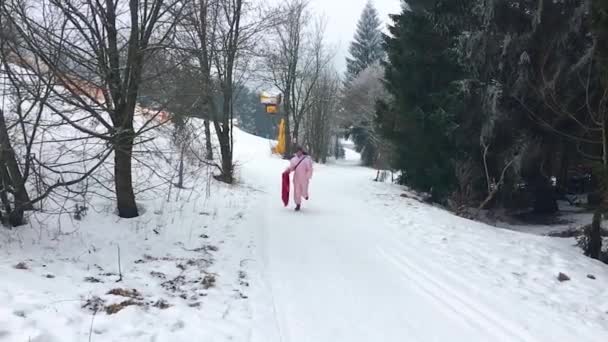 Pessoa Adulta Subindo Uma Colina Neve Com Trenó Brinquedos Populares — Vídeo de Stock