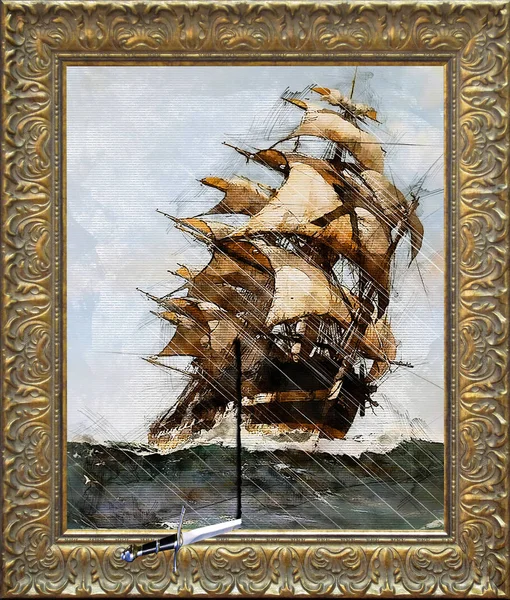 Piratenmesser in einem zerrissenen Gemälde, Gemälde eines Schiffes, das bei Sturm auf See segelt — Stockfoto
