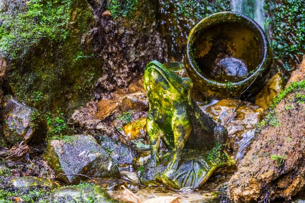 Каменная лягушка скульптура с потоковой водой на заднем плане, садовый пруд архитектуры — стоковое фото