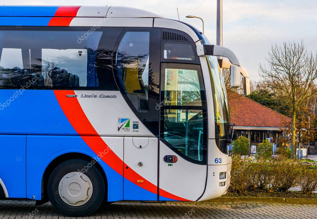The front of a lion's coach tour bus, model euro 6 from man, alphen aan den rijn, 12 february, 2019, the Netherlands
