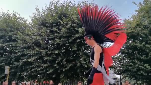 Hombre Con Peine Gallos Zancos Caminando Durante Desfile Del Orgullo — Vídeo de stock