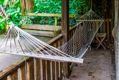 balkonda bir hamak yakın çekim, seyahat ve dinlenme arka plan, Bahçe mobilyaları