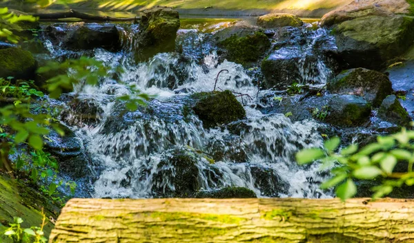 Agua corriente sobre rocas en primer plano, hermosa arquitectura de jardín, fondo natural de una pequeña cascada — Foto de Stock