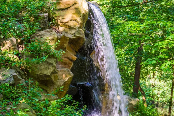 森の中の崖の滝の流れ、自然の背景、庭の建築 — ストック写真