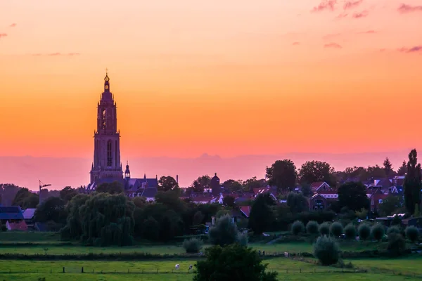 Gyönyörű városkép a Rhenen templomtorony alatt naplemente, vidéki város Hollandiában — Stock Fotó