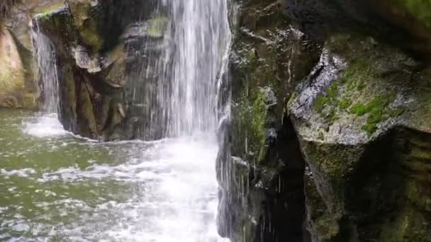 Wasserfall Endet Wasser Bemooste Felsen Nahaufnahme Mit Fließendem Wasser Naturhintergrund — Stockvideo