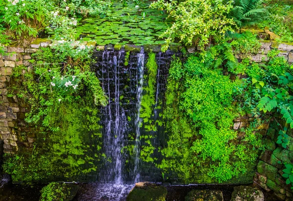 Dammen slutar i ett vattenfall, vacker trädgård arkitektur, natur bakgrund — Stockfoto