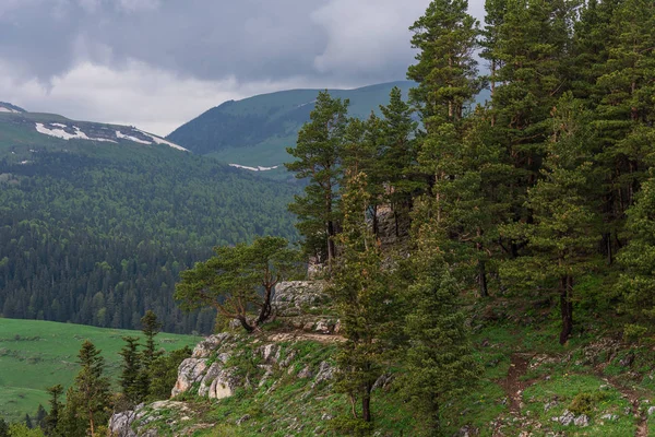 The rocky slope in the background of the gentle mountains