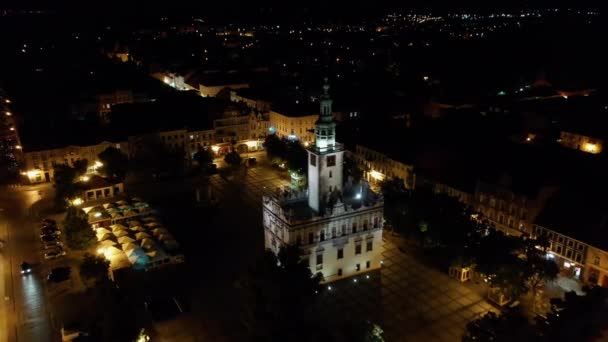 Aerial Night View Town Hall Medieval Town Poland — Stock Video