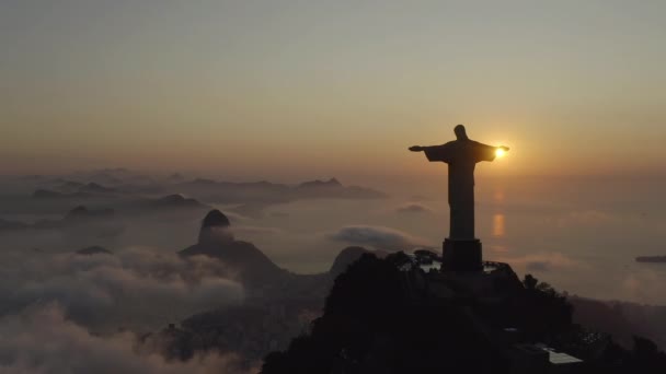 Drone Filmagem Aérea Silhueta Cristo Redentor Sol Nascente Rio Janeiro — Vídeo de Stock