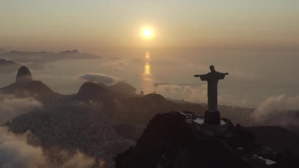 Drone Panoramic Shot Christ Redeemer Silhouette Bathing Sunrise Sunlight Rio — Stock Video