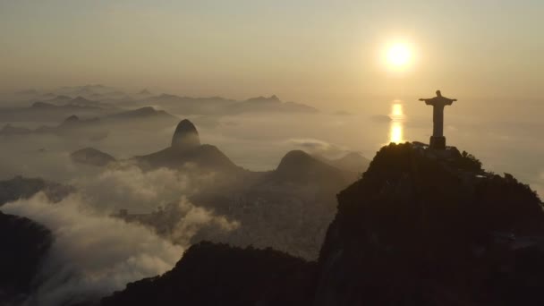 Aerial Footage Christ Redeemer Statue Clouds Sunrise Light Rio Janeiro — Stock Video