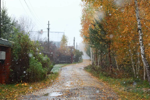 Δρόμος Στα Προάστια Αργά Φθινόπωρο Πρώτο Χιόνι Φύλλα Δεν Έχουν — Φωτογραφία Αρχείου