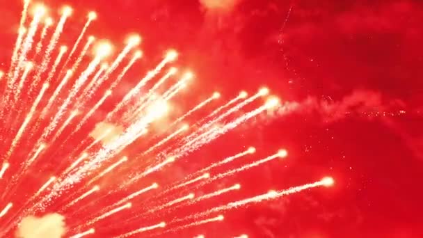 Lichte Vuurwerk Explosie Nachtelijke Hemel Vuurwerk Salueren Met Zwarte Lucht — Stockvideo