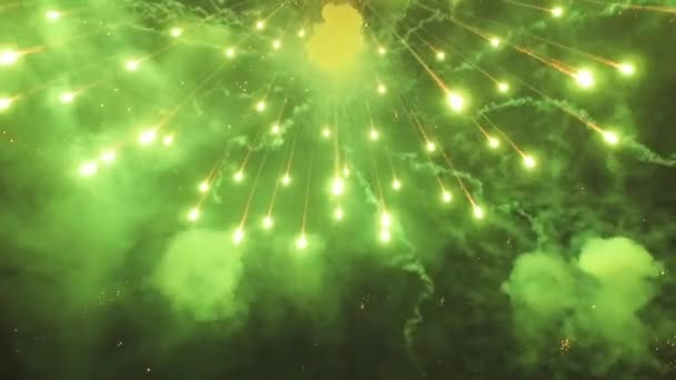 Eksplozja Fajerwerków Nocnym Niebie Fajerwerki Salutują Czarnym Tle Nieba Noworoczne — Wideo stockowe
